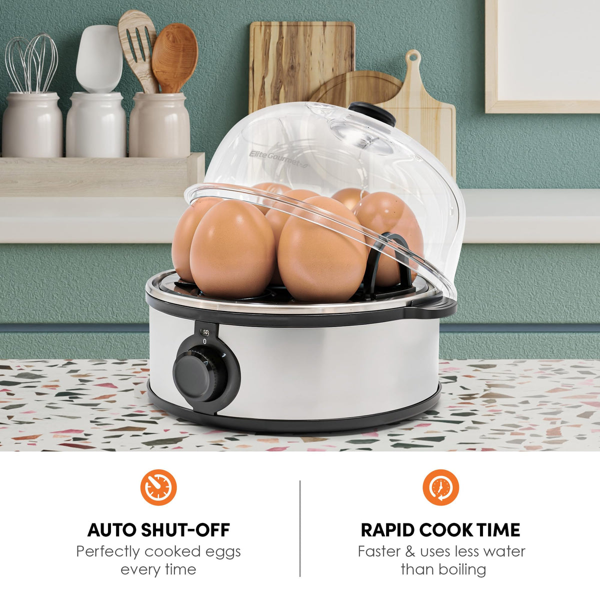Elite Gourmet EGC115M Easy Egg Cooker, 7-Egg, BPA-Free, Retro Mint | Cooks soft, medium, or hard-boiled eggs with auto shut-off - electric operation - includes measuring cup
