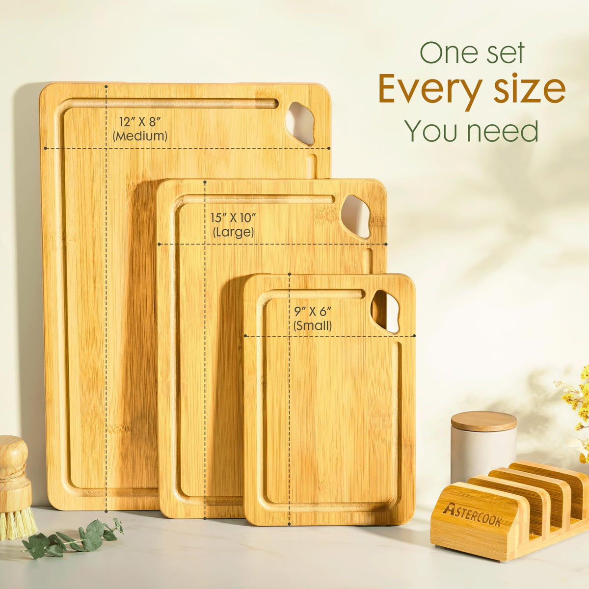 Astercook Deep-Carbonized Bamboo Cutting Boards for Kitchen with Wood Storage Stand, Reversible Charcuterie & Chopping Boards with Juice Grooves and Easy-Grip Handles, Fathers Day Gift for Men