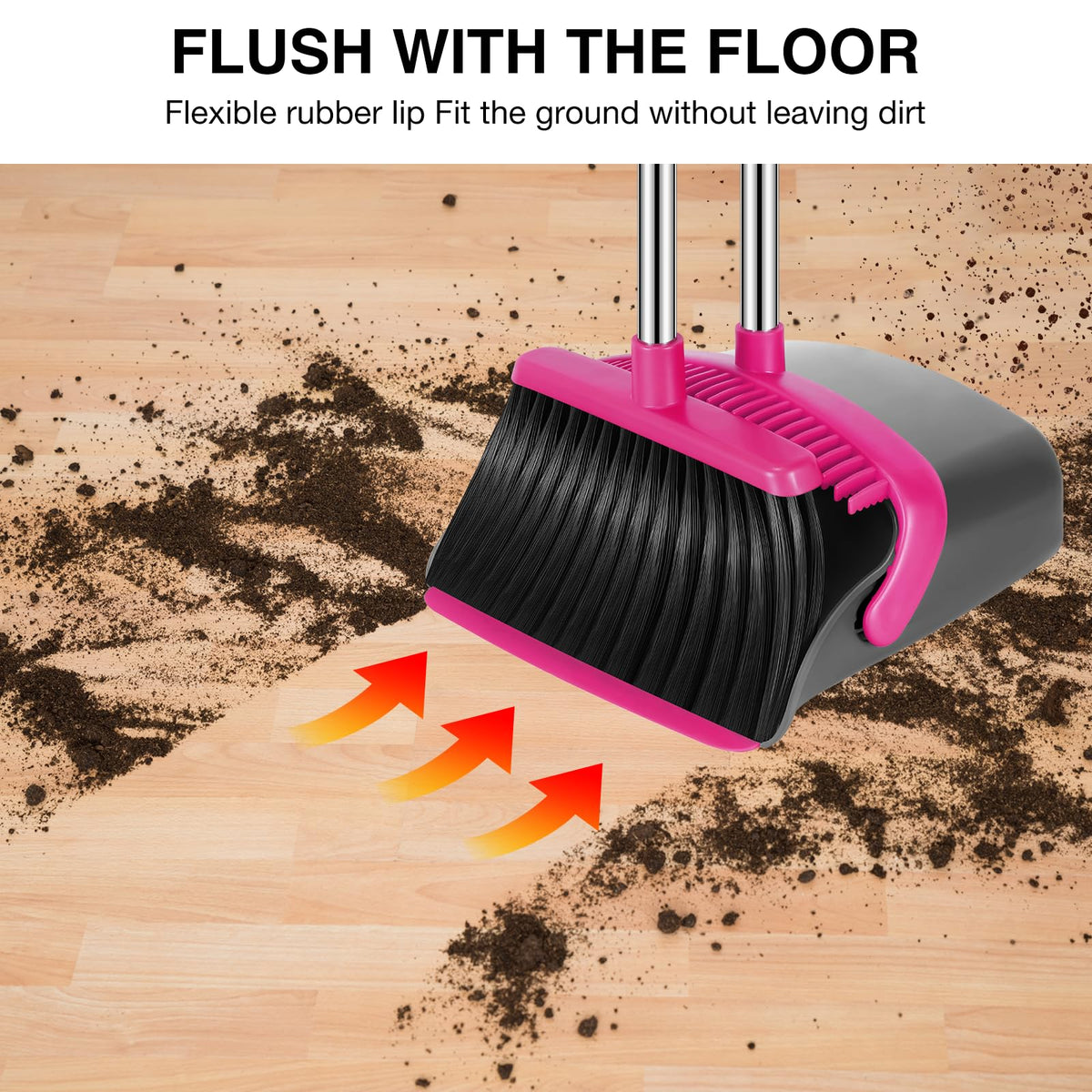 NACENA Broom and Dustpan Set, 52-in Long Adjustable Handle Broom Dustpan Combo with Dustpan Teeth to Automatically Clean Hair Suitable for Home Kitchen Office Hall Floor（Black&Red）