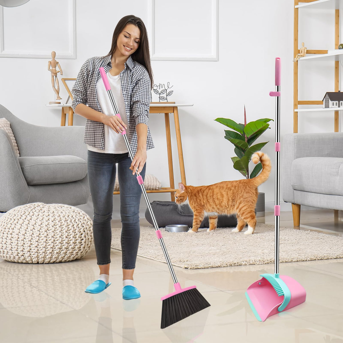 NACENA Broom and Dustpan Set, 52-in Long Adjustable Handle Broom Dustpan Combo with Dustpan Teeth to Automatically Clean Hair Suitable for Home Kitchen Office Hall Floor（Black&Red）