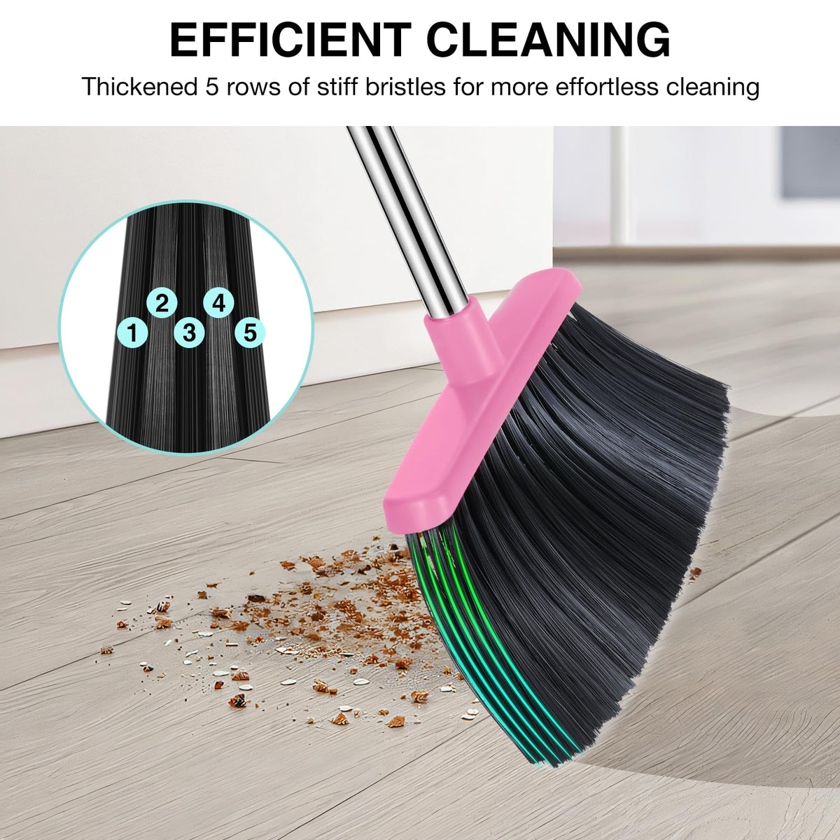 NACENA Broom and Dustpan Set, 52-in Long Adjustable Handle Broom Dustpan Combo with Dustpan Teeth to Automatically Clean Hair Suitable for Home Kitchen Office Hall Floor（Black&Red）