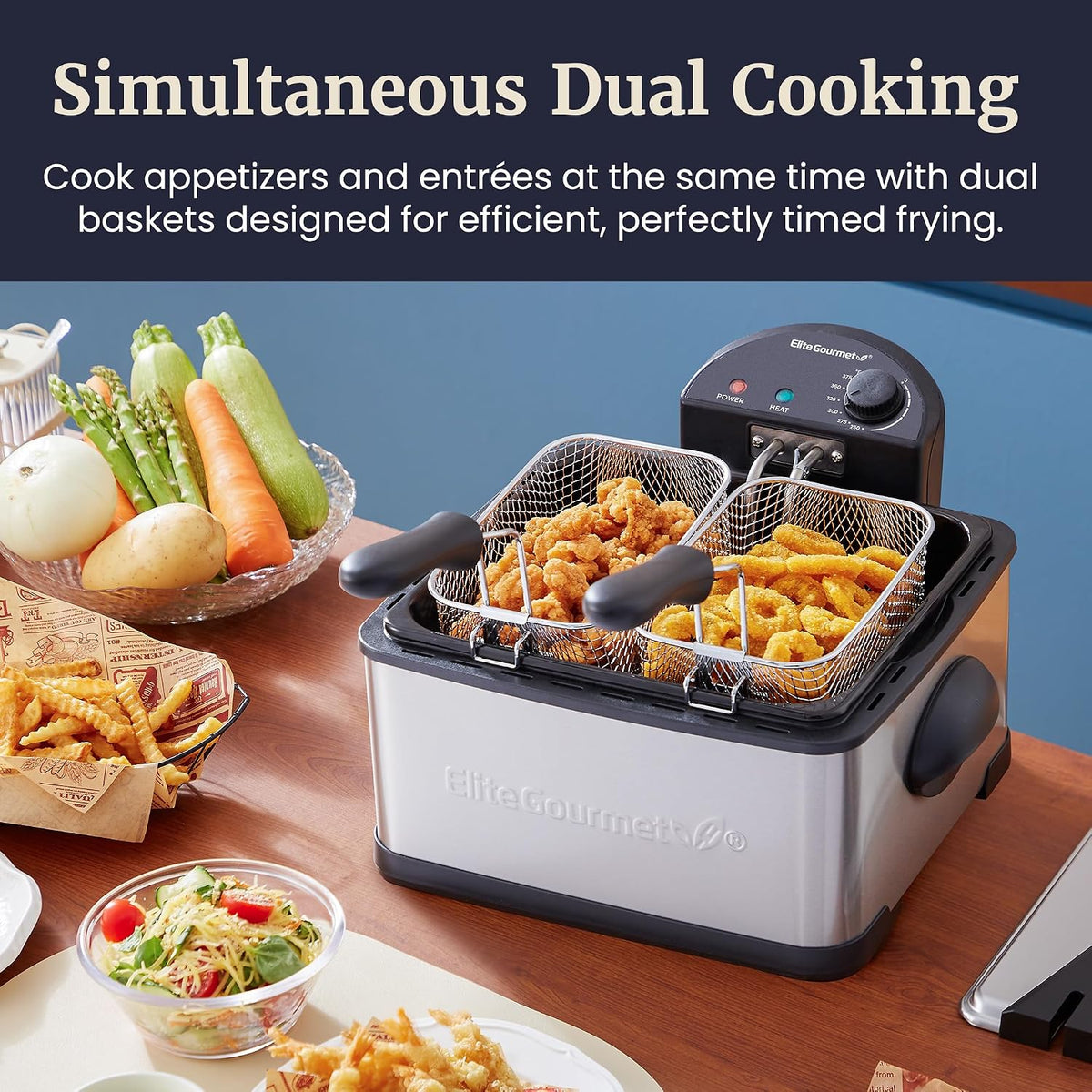 Elite Gourmet 4.5Qt Deep Fryer, Dual 2Qt Split Baskets, 1700W