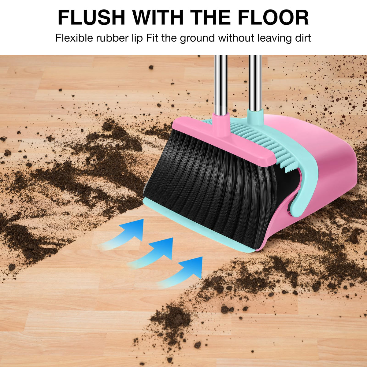 NACENA Broom and Dustpan Set, 52-in Long Adjustable Handle Broom Dustpan Combo with Dustpan Teeth to Automatically Clean Hair Suitable for Home Kitchen Office Hall Floor（Black&Red）