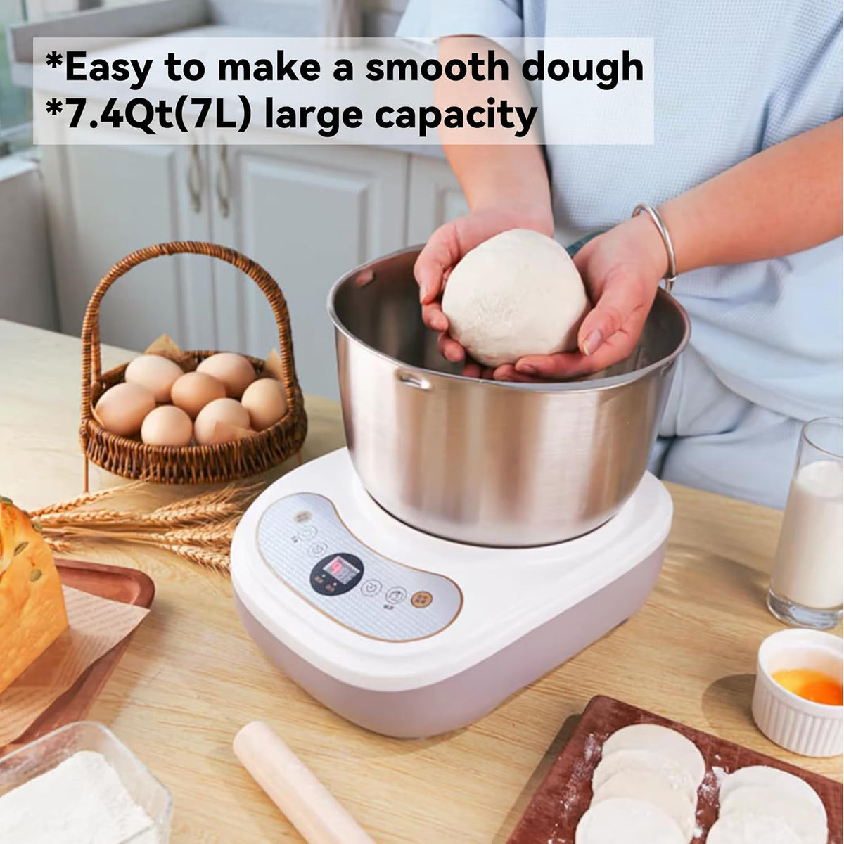 Dough Mixer 7.4QT Large Capacity Electric Dough Maker with Ferment Function for Baking Bread Dough&Pizza Dough - Dough whisk 304 Stainless Steel Blender Add water/seasoning with Top Small Window