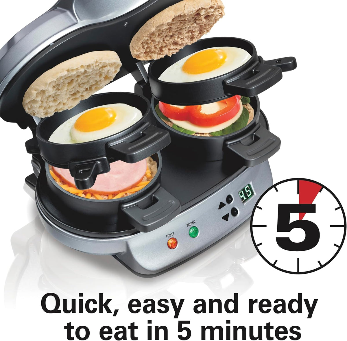 Hamilton Beach Dual Breakfast Sandwich Maker with Egg Cooker Rings & Timer