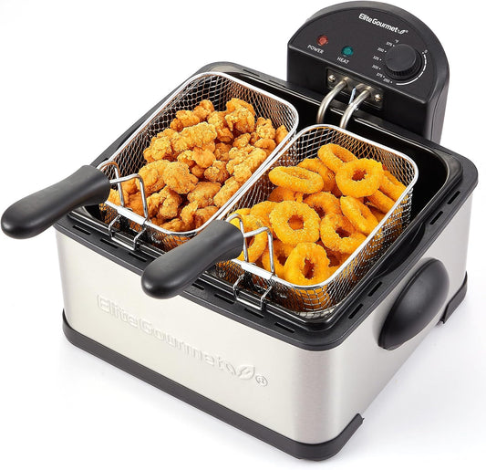 Elite Gourmet 4.5Qt Deep Fryer, Dual 2Qt Split Baskets, 1700W