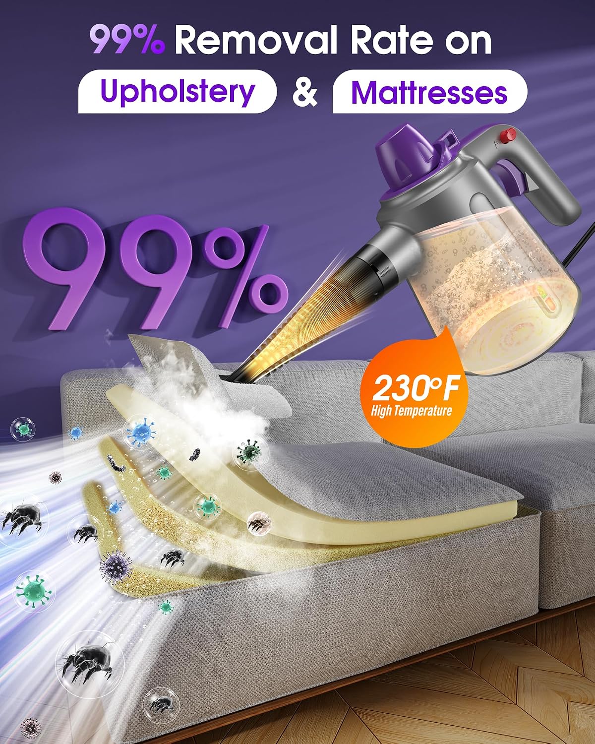Handheld Steam Cleaner for Home, Pressurized Steamer for Cleaning Couch Carpet Car Upholstery Mattress Furniture with 14 Accessories & Safety Lock, Small Container for Grease