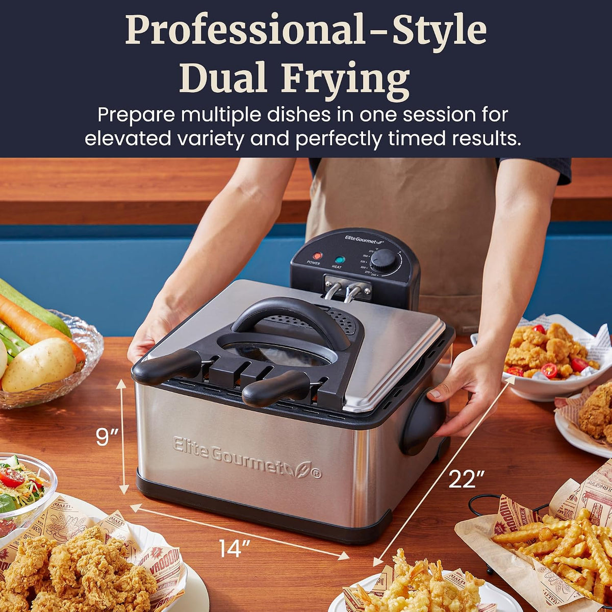 Elite Gourmet 4.5Qt Deep Fryer, Dual 2Qt Split Baskets, 1700W