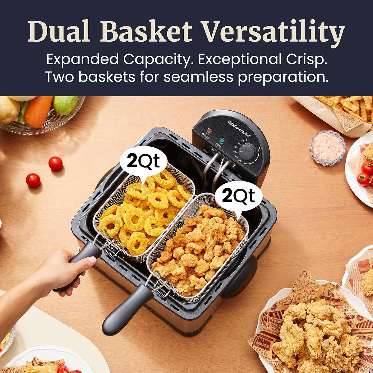 Elite Gourmet 4.5Qt Deep Fryer, Dual 2Qt Split Baskets, 1700W