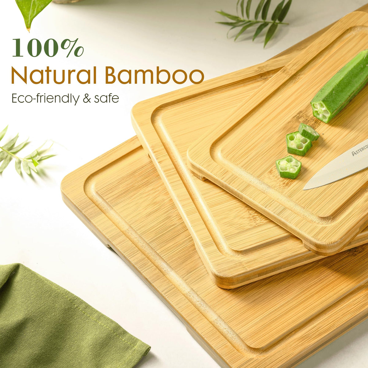 Astercook Deep-Carbonized Bamboo Cutting Boards for Kitchen with Wood Storage Stand, Reversible Charcuterie & Chopping Boards with Juice Grooves and Easy-Grip Handles, Fathers Day Gift for Men